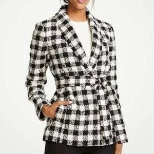 Ann Taylor Checked Belted Jacket in Black and White Size XS